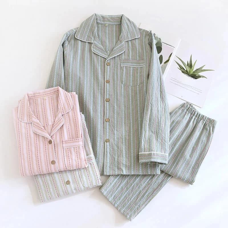 2026 New Spring/Summer Couple Set 100% Cotton Striped Long Sleeve Two Piece Set Men's and Women's Cardigan Home Clothes