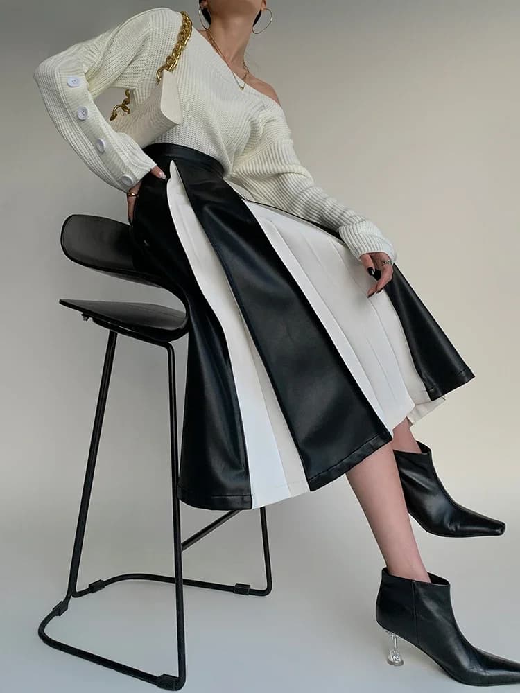 Lautaro Spring High Waisted Soft Pu Leather Midi Skirt Women Luxury Office Fashion 2022 White and Black Color block Skirts