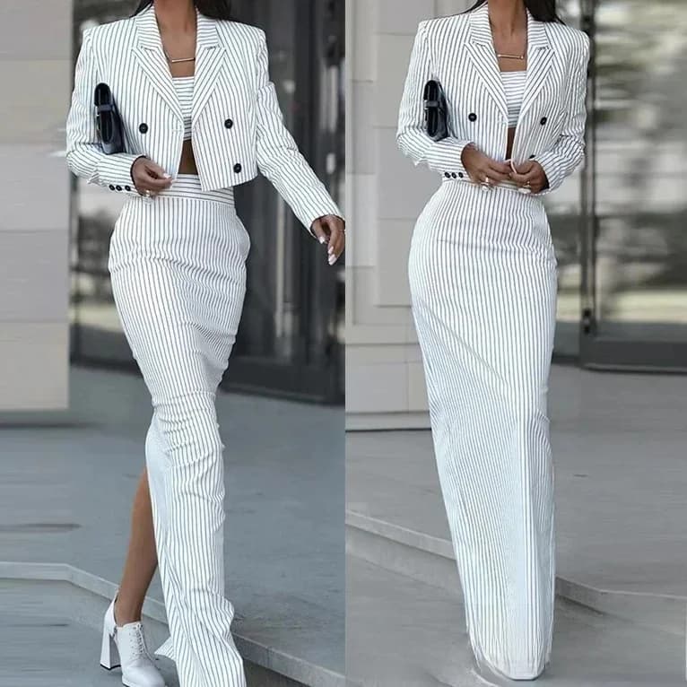 Striped Blazer Coat & Slit Skirt Set Women Skirt Sets Two Piece Set Turn Down Collar Coats Midi Waist Straight Long Skirts Split