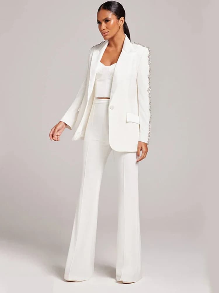 HIGH STREET Newest 2026 Runway Designer Suit Set Women's Career Style Single Diamonds Beaded Blazer Flare Pants Suit