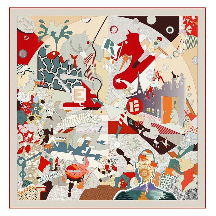 Silk Scarf Women Circus Troup Print Square Scarves Head Echarpes Silk Foulards Femme Wraps Beach Shawl Bandana Lady Hijabs 90CM