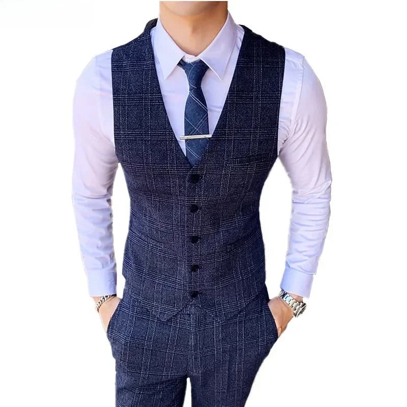 Blue Men's Stripe Plaid Suit Pants and Vest, Fashion Slim 2 Piece Set, Wedding/Party Trousers with Vests, Asian Size M-5XL