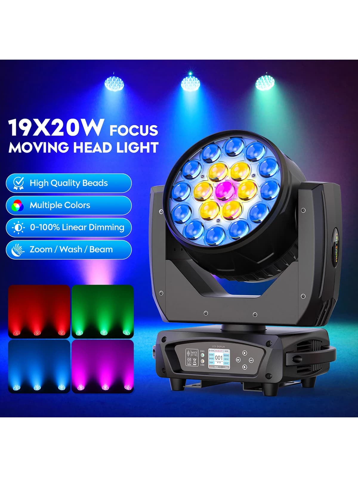 LeLeght 2Pcs 19*20W Moving Head Light Stage Lighting Effect 16/24CH DMX Control for Disco Nightclub KTV Theater Shopping Mall