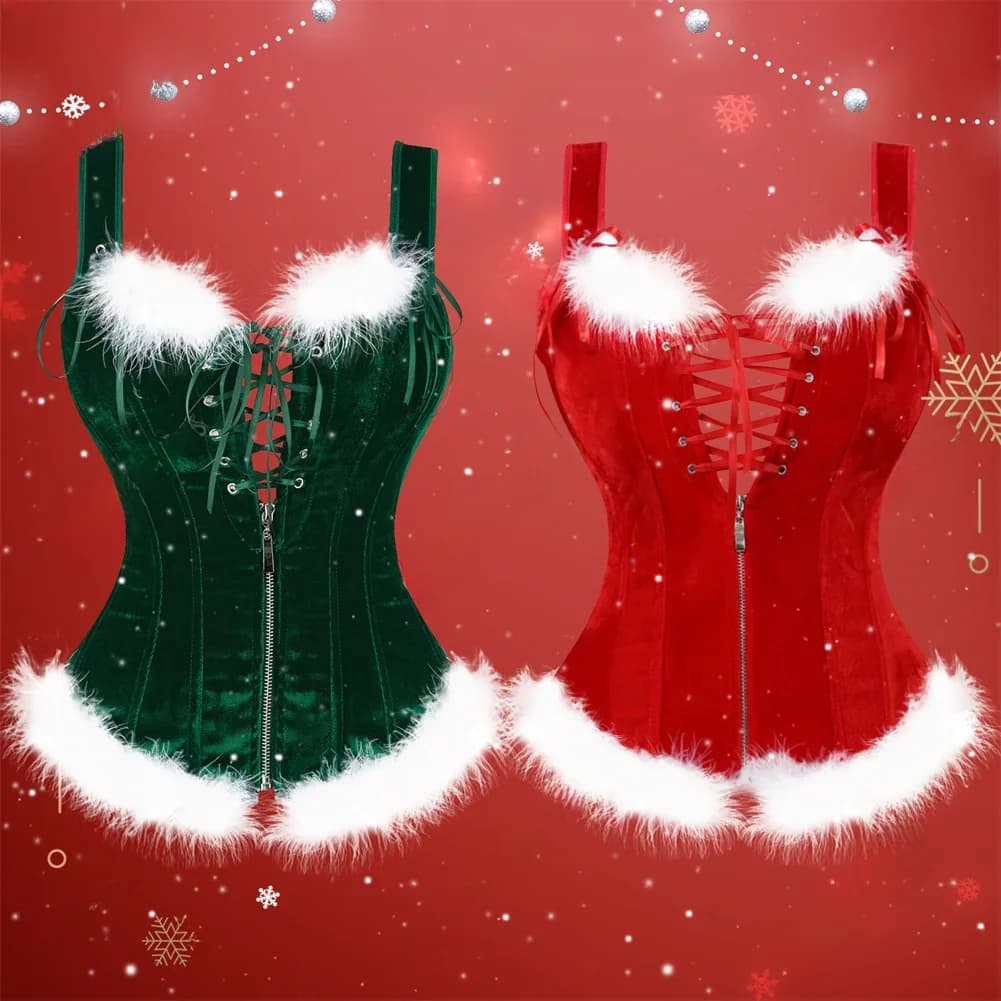 Red Corset Tops for Women Christmas Corset with Feather Santa Costume Carnival Sexy Overbust Corset with Straps