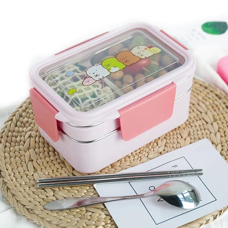 With Random Pattern Cartoon Lunch Box Stainless Steel Double Layer Food Container Portable Kids Picnic School Bento