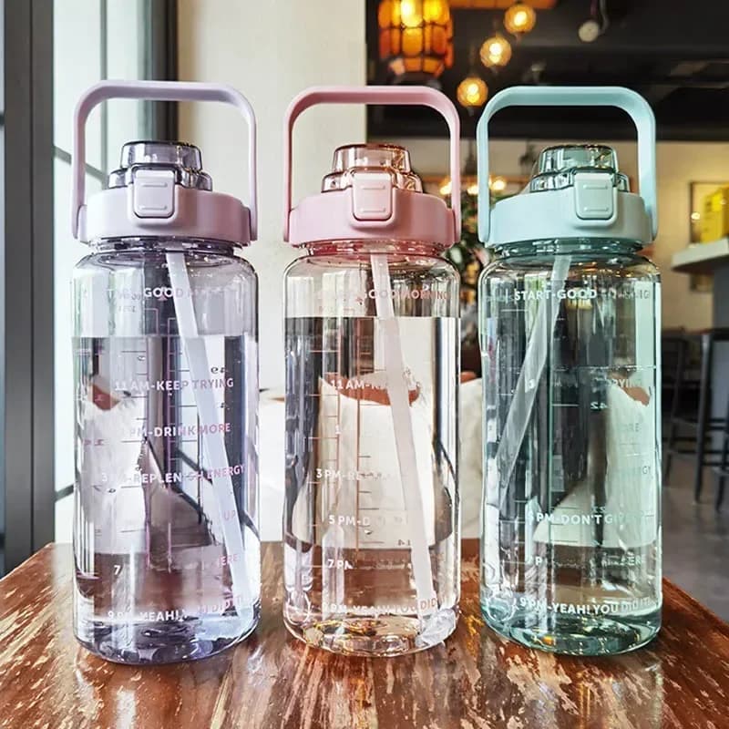 2 Liters Plastic Kettle Large Portable Travel Water Bottle with Straw  Sports Fitness Cup High Value Big Fat Cup Adult Universal