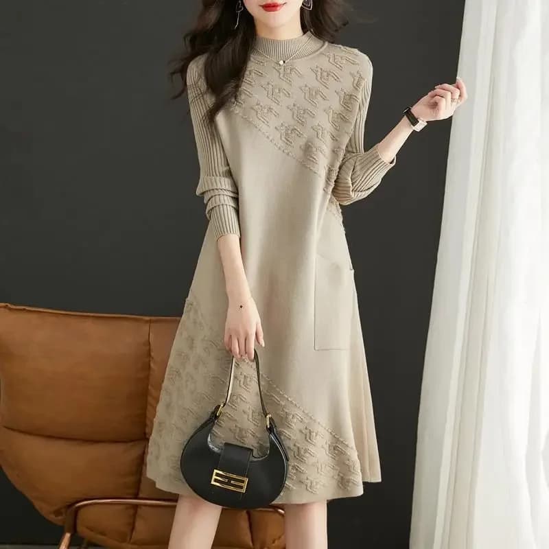 Stylish Jacquard Weave Knitted Dresses Autumn Winter New Half High Collar Women's Clothing Solid Color Pockets A-Line Midi Dress
