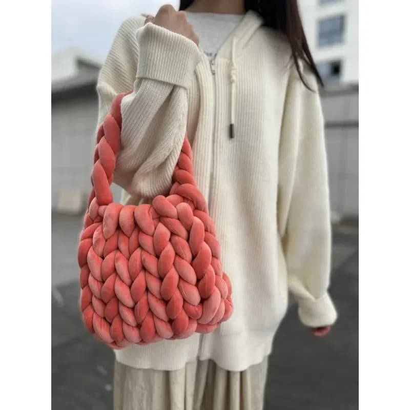Xiaohongshu's New Velvet Bag DIY Hand Woven Bag Crystal Velvet Core Spun Yarn Woven Bag Hand-held Mailman Bag Velvet Handbag New