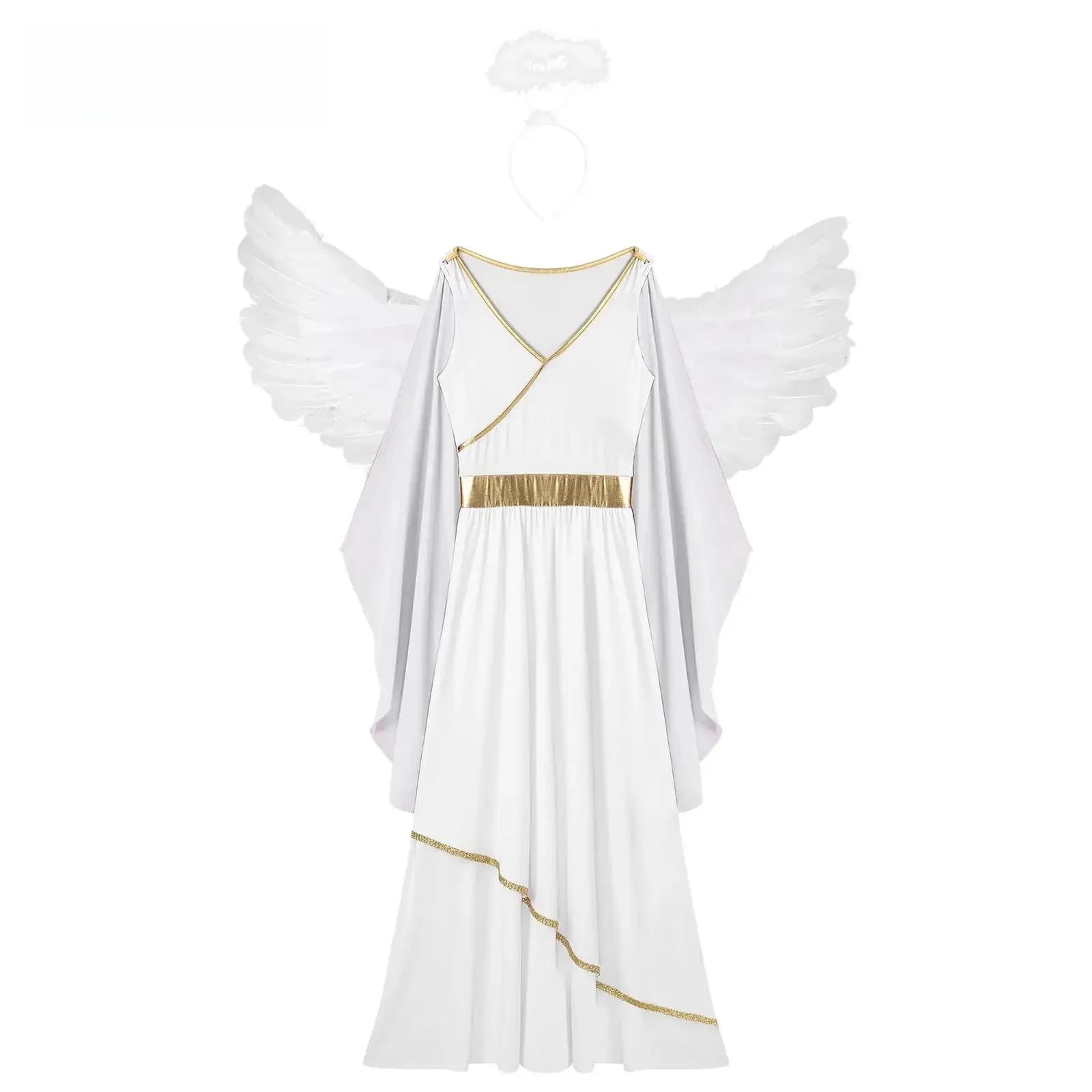 Women Girls Paradise Angel Costume Outfits Halloween Theme Party White Greek Toga Dress with Wings Headband Dress Up Party Set