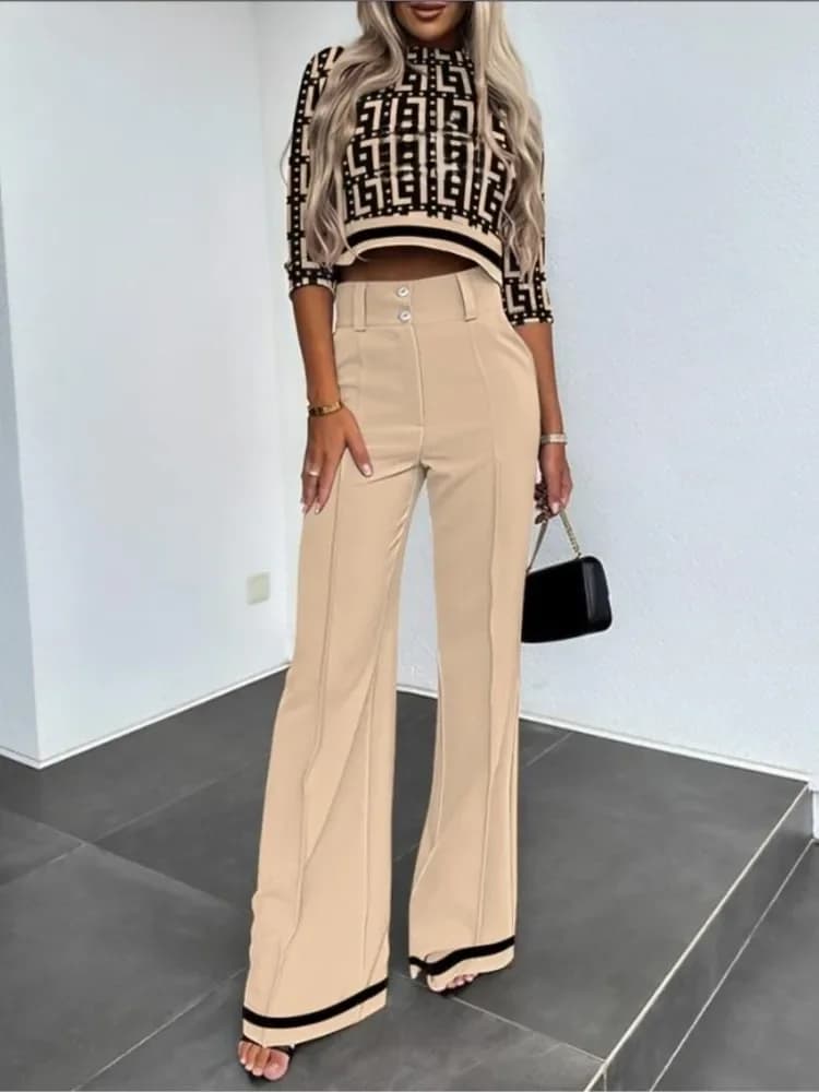 Casual Long Sleeve Shirt Pants Set Office Lady Spring Autumn Fashion Solid O-neck Tops Trousers Two Piece Set Women Outfit 2023