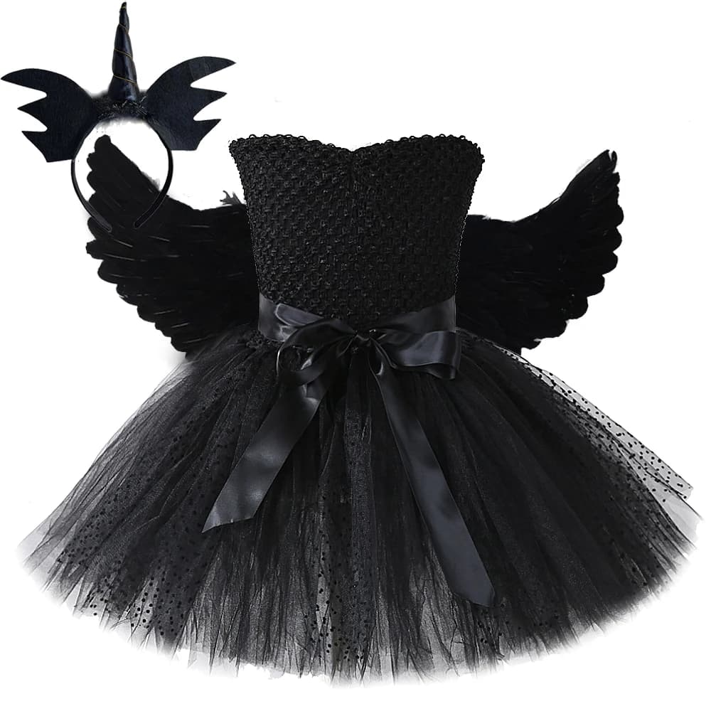 Unicorn Evil Angel Tutu Dress for Girls Devil Halloween Costumes for Kids Black Angel Fancy Dresses Girl Princess Wings Outfits