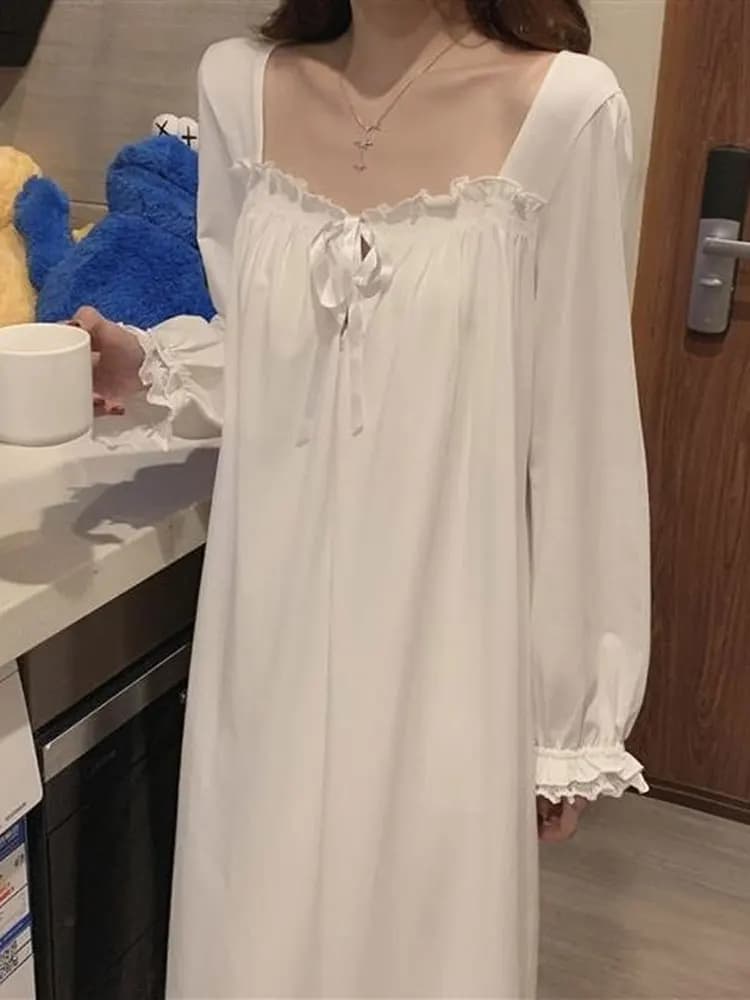 Women Mid Calf Nightgowns Solid Square Collar Long Sleeve Drawstring Ruffles Loose Retro New Chic French Casual Ulzzang Lace