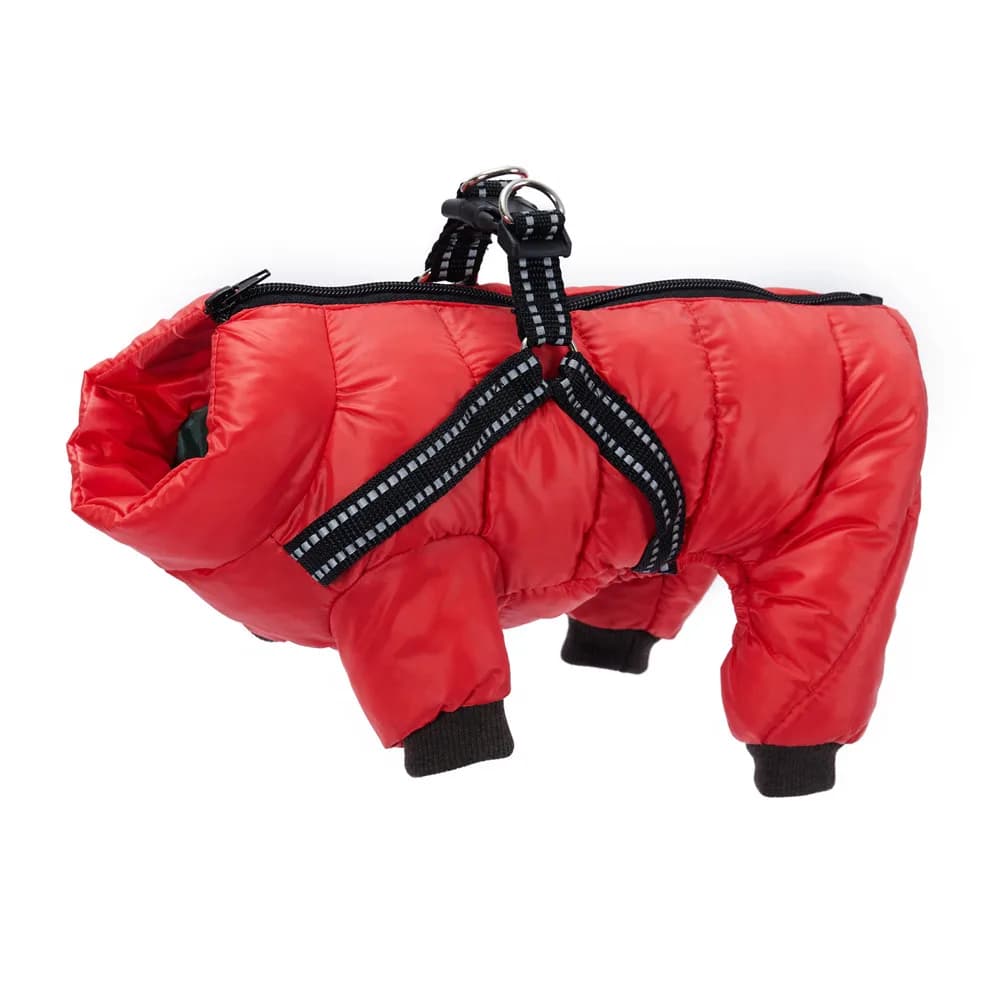 Overalls for Dogs Winter Warm Fluffy Jacket for Small Medium Dogs Waterproof Zip Up Dog Coat with Harness Reflective Dog Clothes