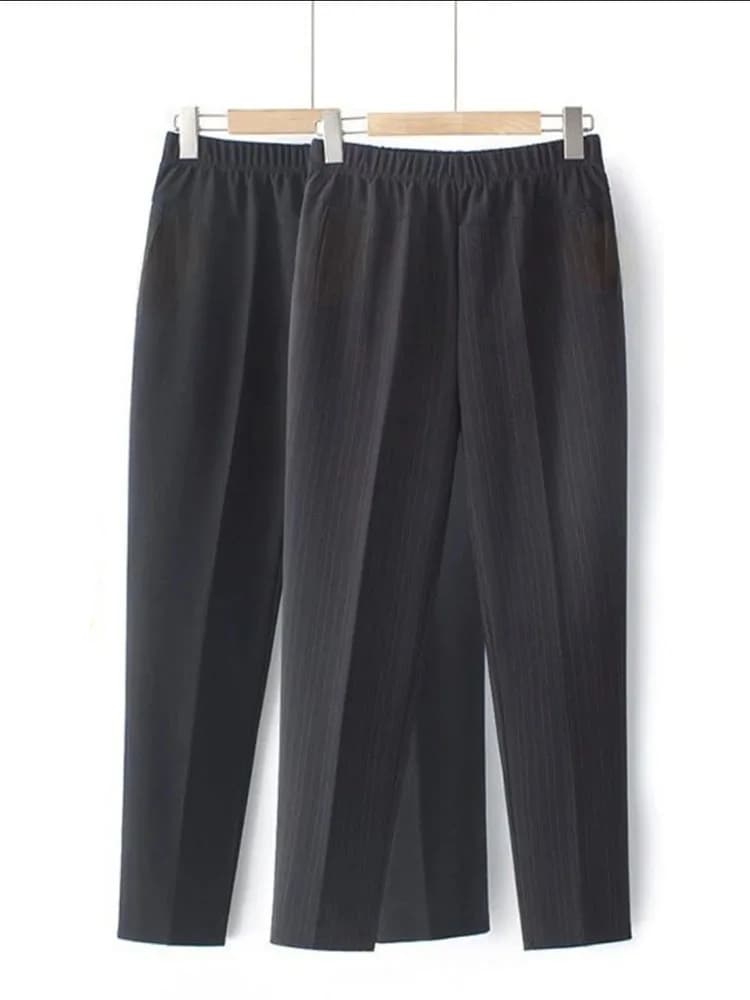 Spring Autumn Middle Aged Women Elastic Waist Casual Straight Pants Female Trousers Lady Stripe Pencil Pants Black Pants 5XL1833