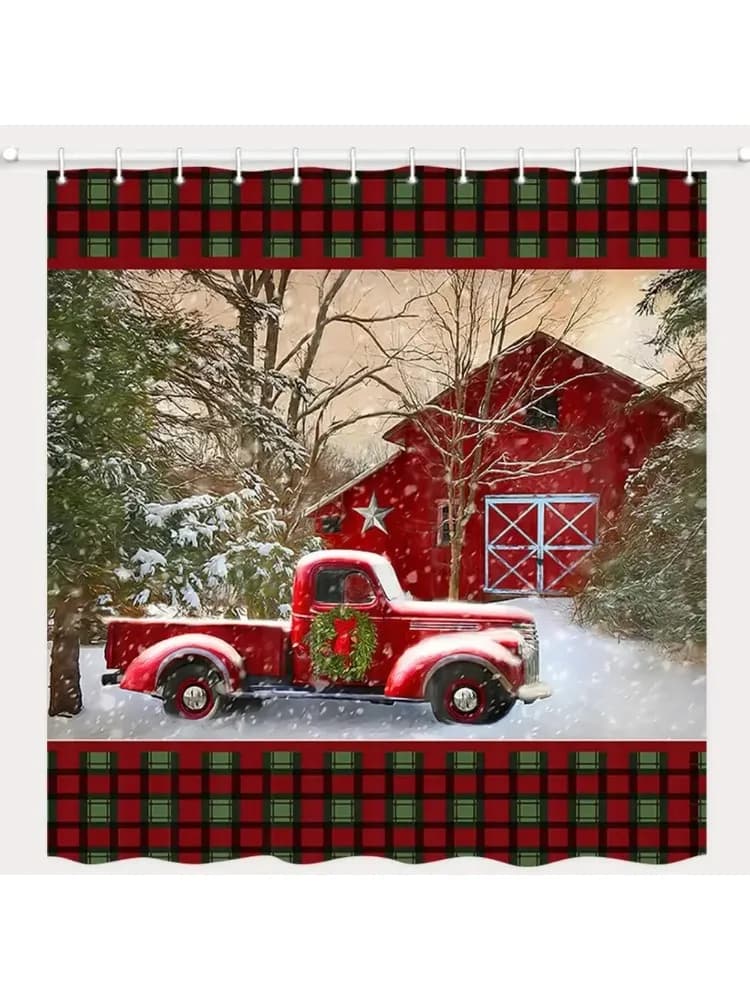 Christmas Shower Curtain Vintage Red Truck Barn Holiday Trees with Snow Polyester Fabric Bath Curtains with Hooks For Bathroom