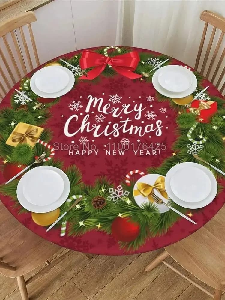 Merry Christmas Garland Round Fitted Tablecloth with Elastic Edged Golden Xmas Tree Decorative Kitchen Dining Table Cloth Cover