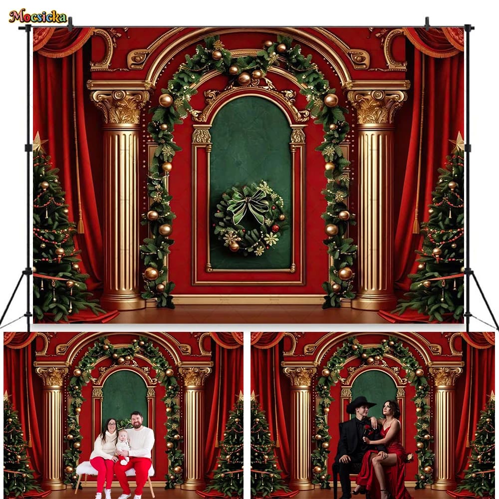 Red Christmas Palace Background Photography Curtain Xmas Tree Garland Backdrop Decor Wedding Party Winter Kid Family PhotoStudio