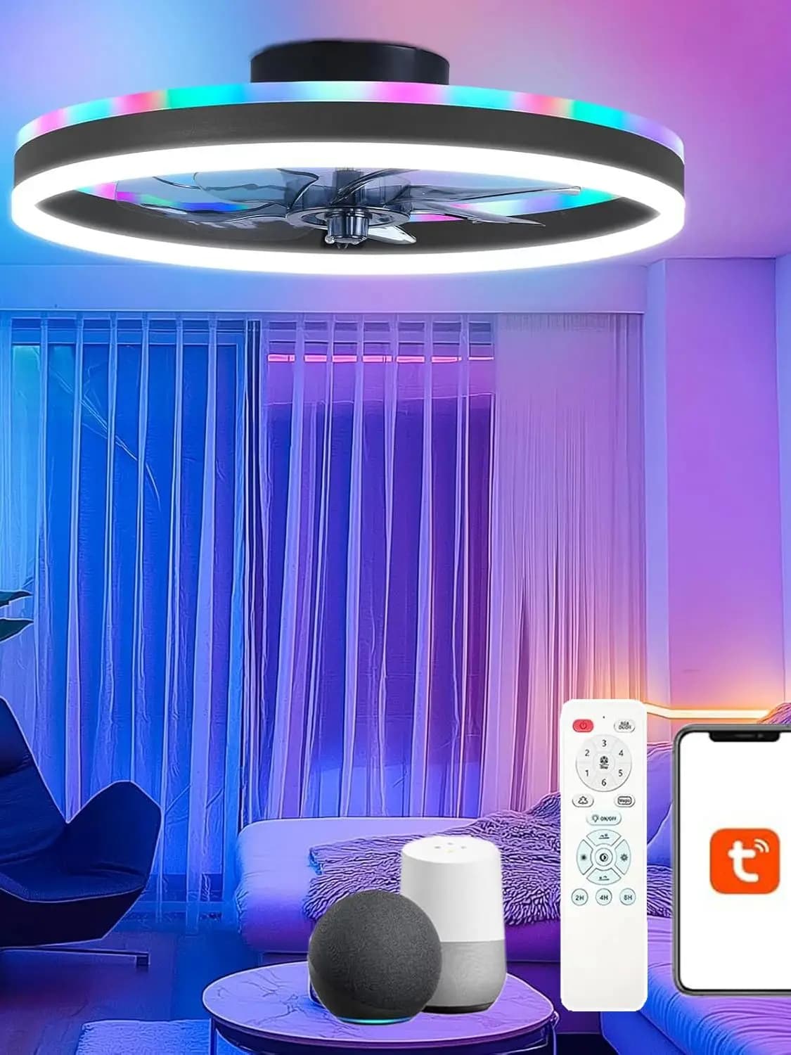 RGB Smart Ceiling Fan Light 6-speed Fan + Starry Sky Effect, Modern and Low-key Ceiling Fan Light with LED Lights