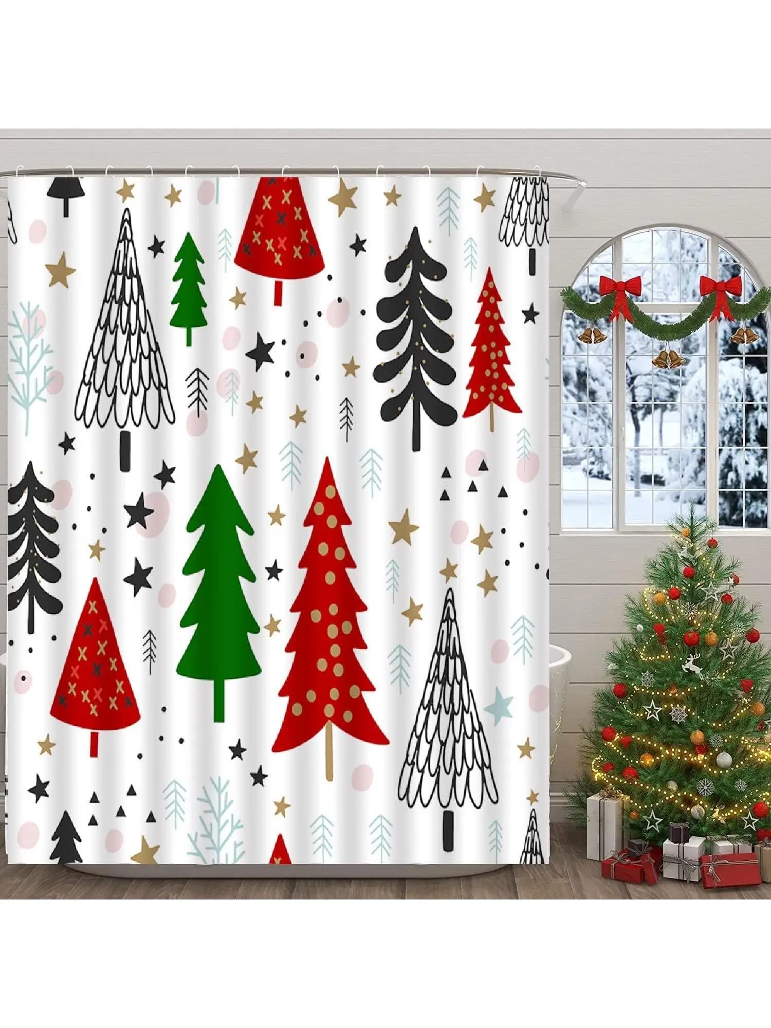 unframed Christmas Nutcracker Shower Curtain, Christmas Tree Snowman Bathroom Curtain Decoration Set With Hook Fabric Christmas 