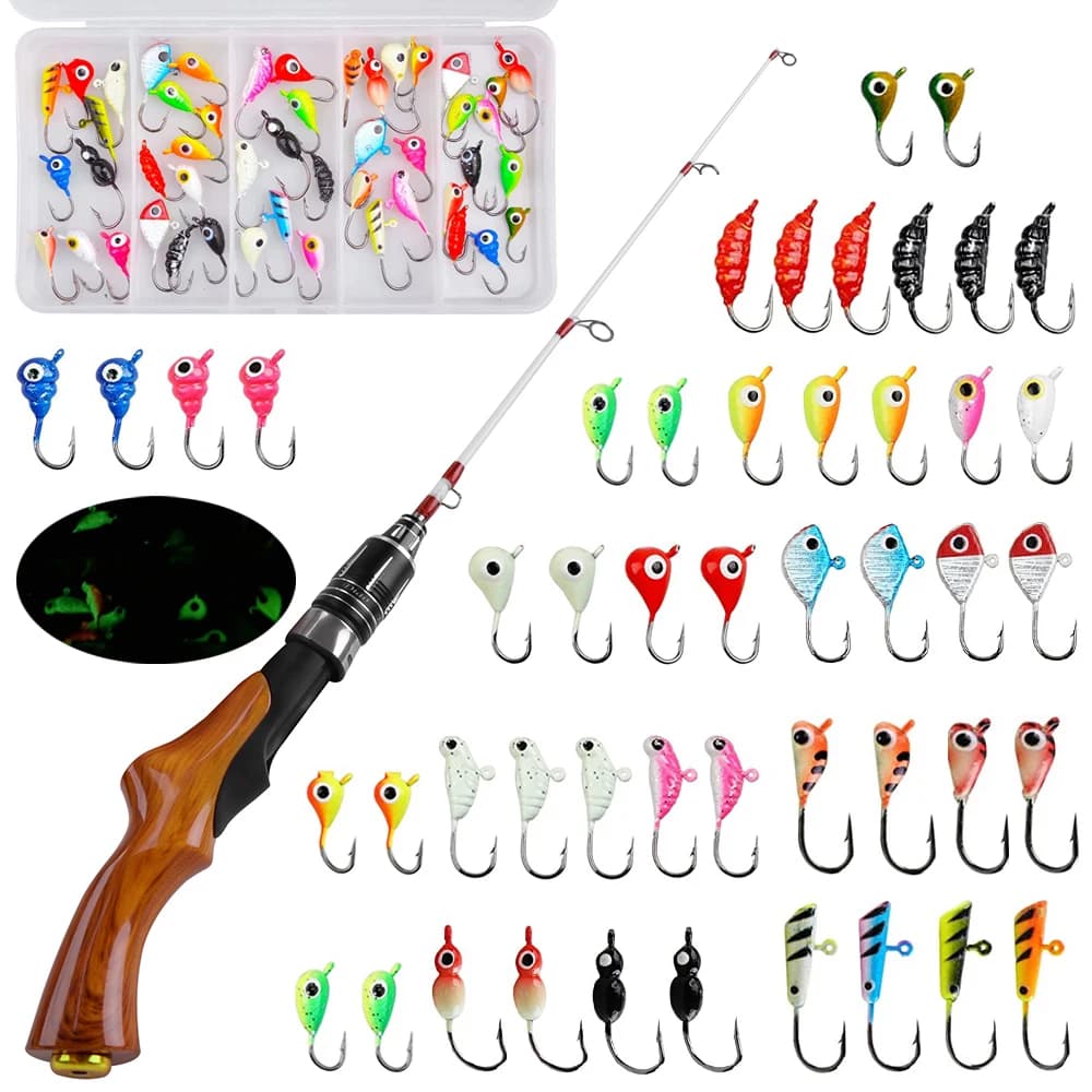 Spinning Ice Fishing Rod Combo with Winter Ice Fishing Jigs Lead Head Ice Fishing Hook for Shrimp Carp Fishing Rod Tackle