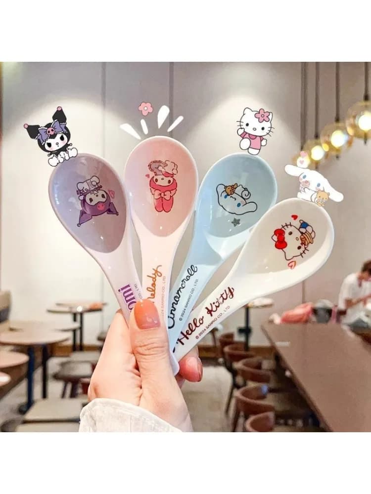 Kawaii Sanrio Hello Kitty Ceramic Soup Spoon Cute Cartoon Kuromi My Melody Pink Spoon Couple Cutlery  Gift for Children