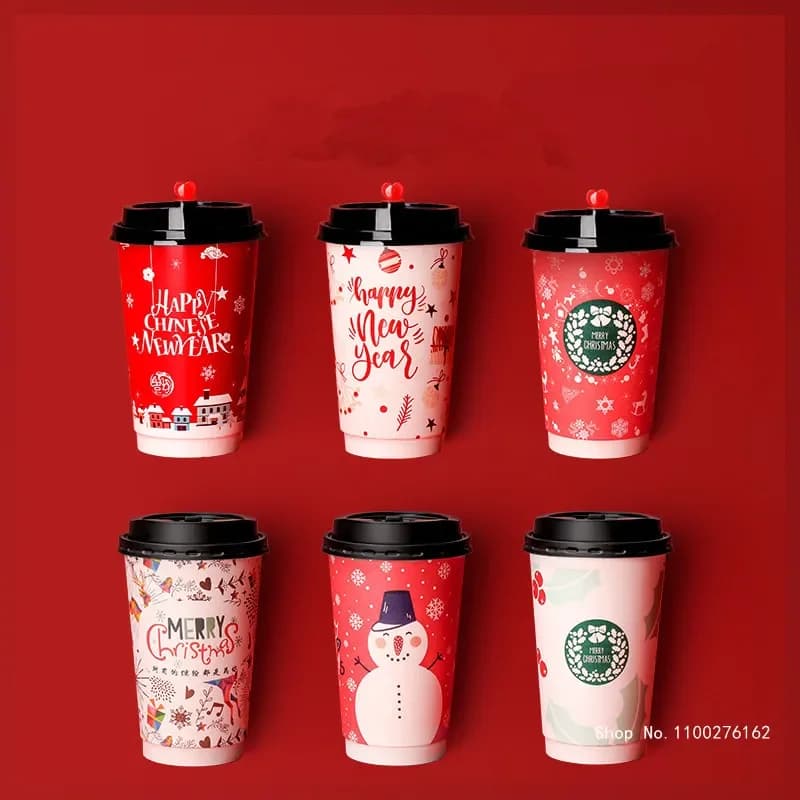 50pcs High Quality Double Layer Paper Disposable Coffee Cup 500ml Drink Christmas Cup New Year Milk Tea Paper Cup with Covers