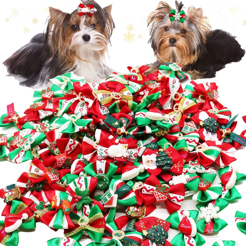 50pcs Christmas Dog Bows Small Dog Cat Hair Bows For Dogs Grooming Holiday Rubber Bands Christmas Hair Accessories for Dogs