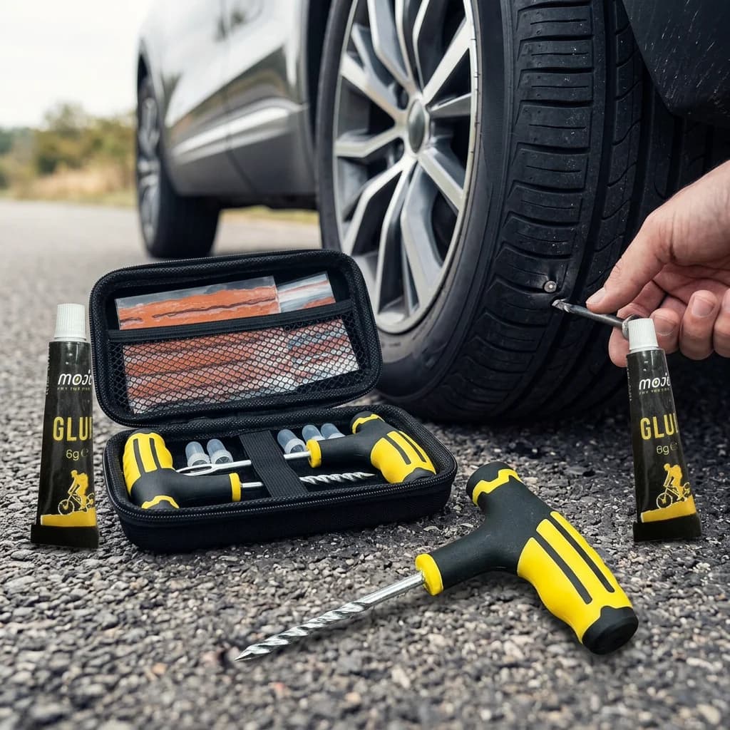 Portable Car Tire Puncture Repair Kit T-Handle Tools Glue Strips Universal for Truck Motorcycle RV Roadside Safety