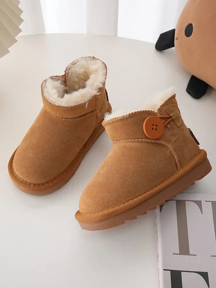 Children Boots Girl's Geniune Leather Classic Button Snow Boots Boy's Soft Sole Thick Plush Warm Winter Boots Size 21-37