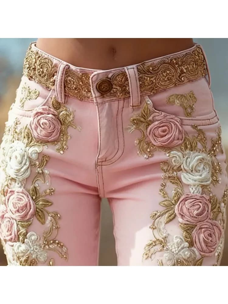 Romantic Pink Rose Flower Print Jeans Vintage Elegant Buttoned Women's Pants Autumn High Waist Slim Chic Trousers Harajuku Mujer