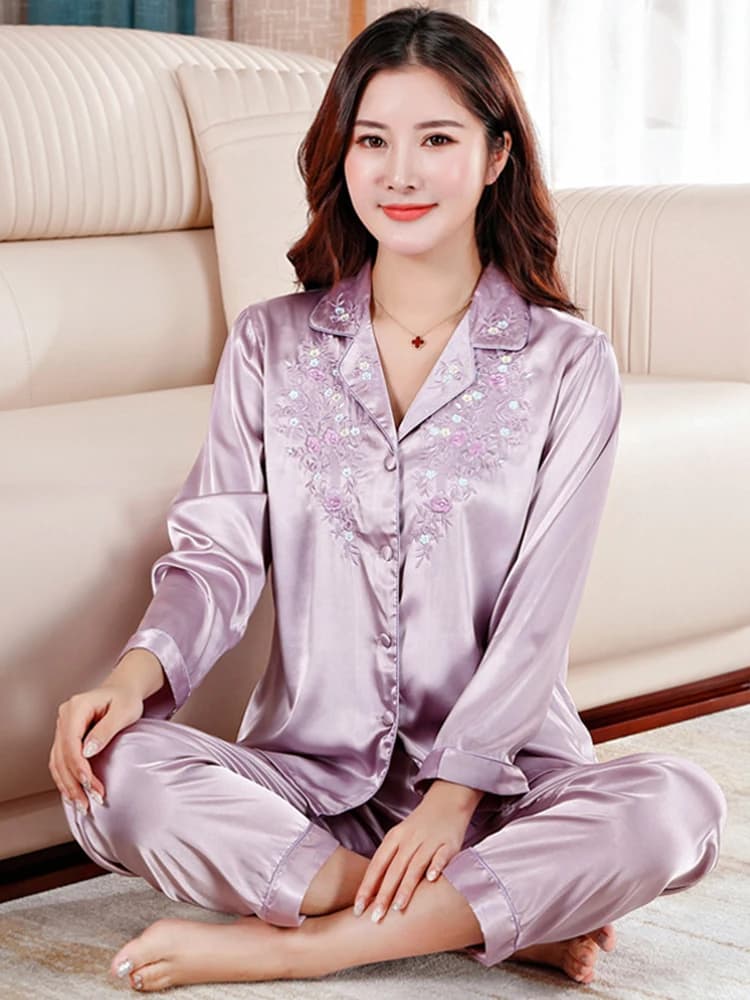 Spring/Fall Women's Silk Nightgown Set - Lightweight Long-Sleeve Style Ice-Silk Embroidered Loungewear