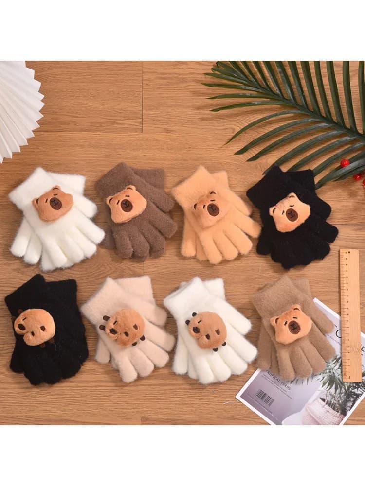 Capibara Winter Gloves Kids New Capybara Kawaii Plushes Glove Girls Boys Outdoors Warm Mittens Clothes Accessories Children Gift