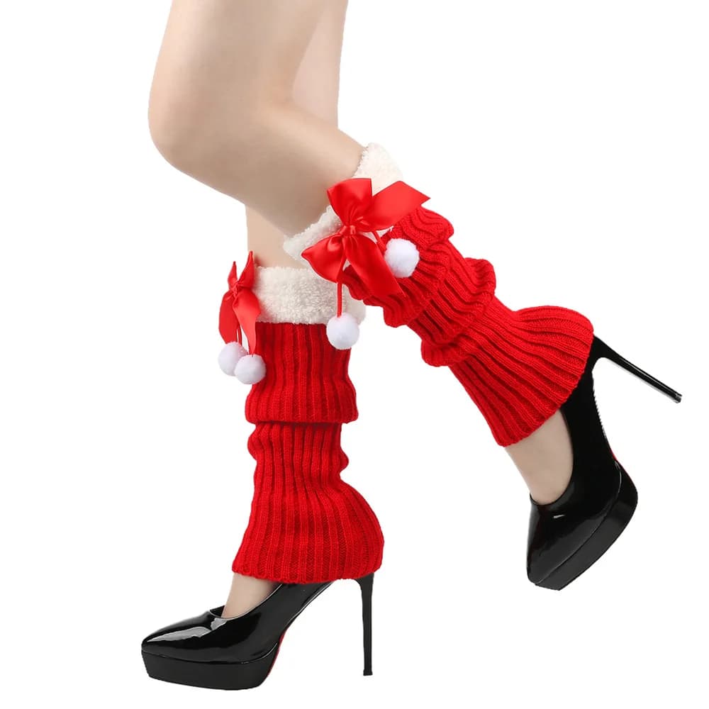  Womens Christmas Bow Stockings Leg Warmers Ankle Winter Warm Fleece Stretch Knitted  Foot Cover Ladies Thick Cuffs Boot Socks