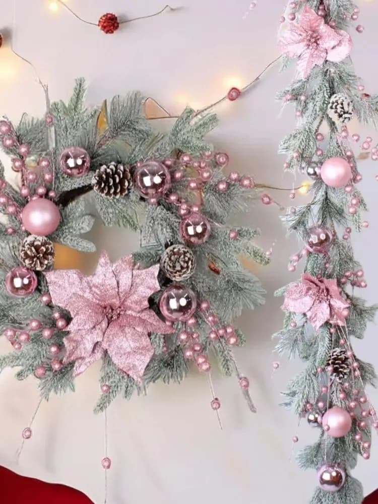 New Christmas Pink Wreath With Balls Artificial Plant Rattan Garland Christmas Rattan Hanging Ornament For New Year Home Decor