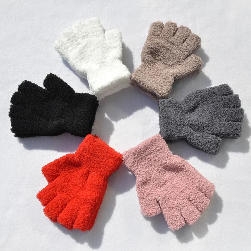 1Pair Coral Fleece Half Finger Gloves Solid Color Winter Warm Knitted Gloves Thicken Soft Plush Fingerless Glove Outdoor Mittens