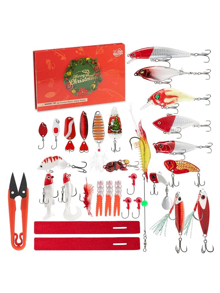 JSFUN 24PCS Fishing Tackle Set Advent Calendar Christmas Countdown Calendar Fishing Lures Box Christmas Gifts for Fishing Lover