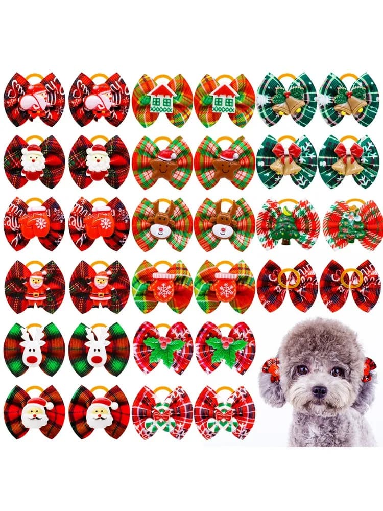 50/100pcs Dog Bows Christmas Dog Hair Bows Christmas Hair Accessories Rubber Bands Pet Supplies For Dogs Grooming Accessories