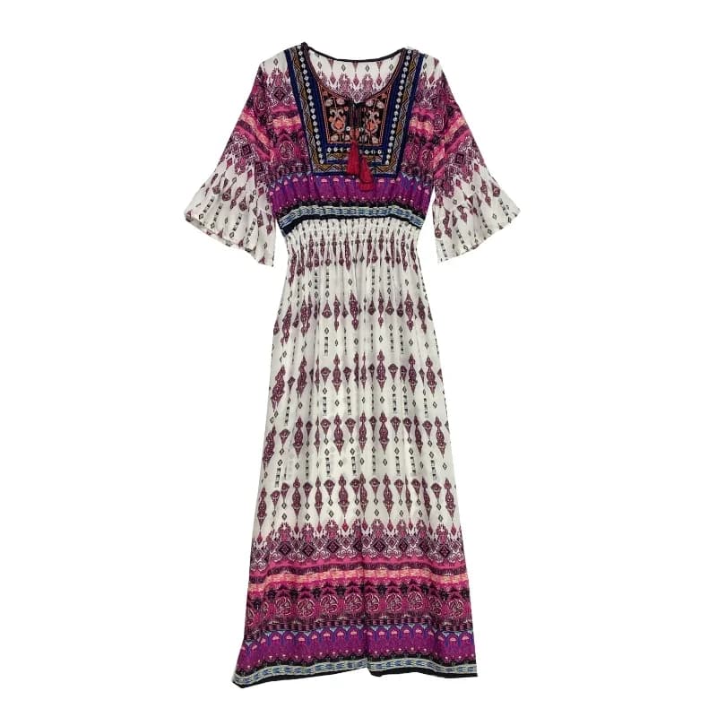 THHONE Women Dress Indian Loose Bohemian Korean Style Long Tassels Casual  Vintage Vestidos Robe High Waist Round Neck Floral