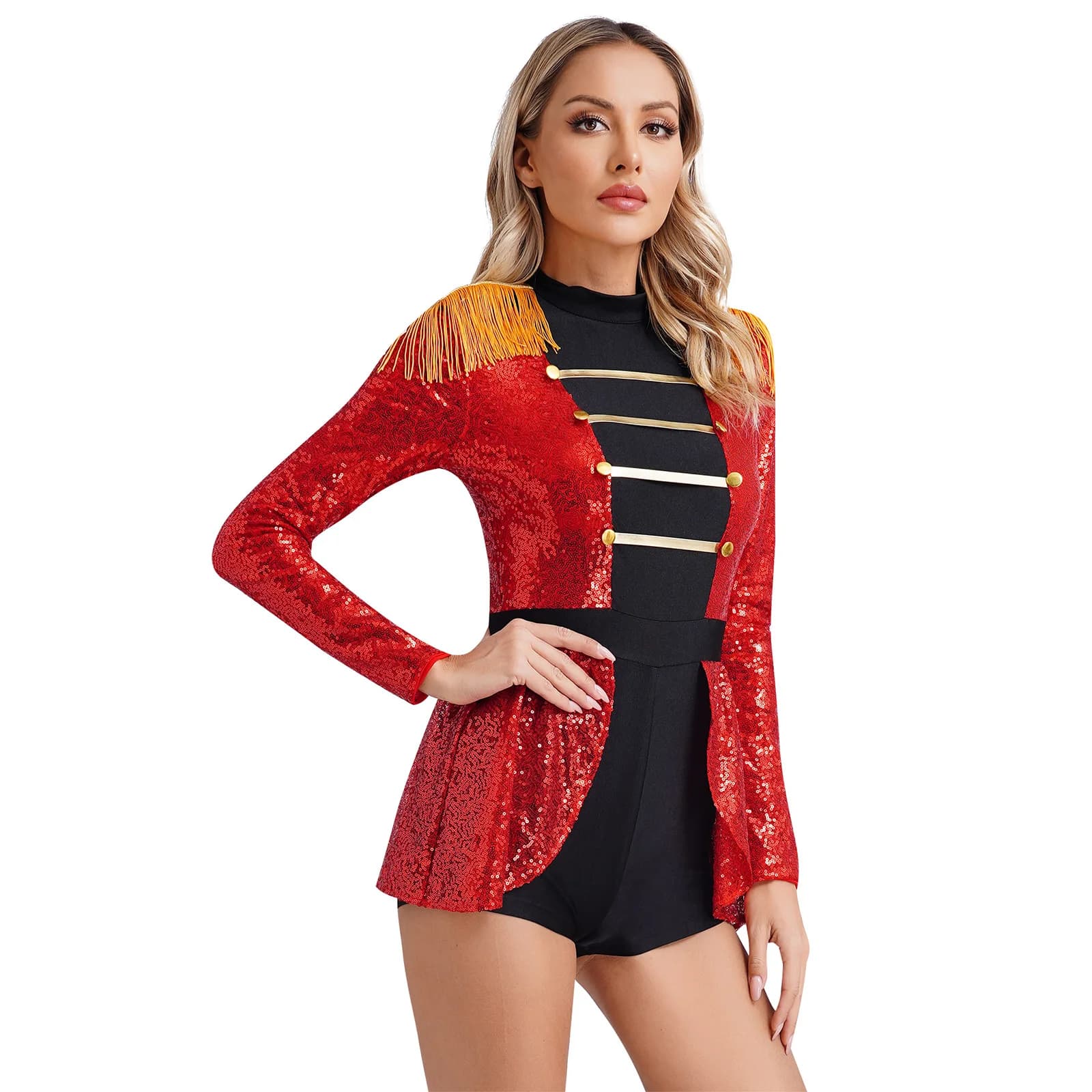 Women Circus Ringmaster Marching Band Majorette Jumpsuit Shiny Sequin Tassel Epaulet Rompers Bodysuit Lion Tamer Cosplay Costume