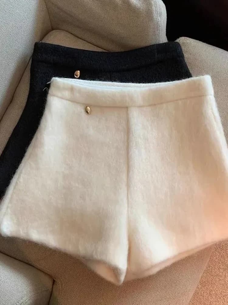 High Waist Woolen Shorts Women Y2K Streetwear Autumn Winter Casual Wide Leg Shorts Small Fragrance Zipper Hottie Straight Shorts