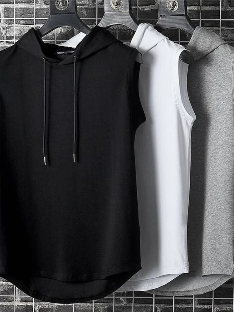 Mens Sleeveless Hooded Tank Tops Summer Gym Bodybuilding Fitness Sport Workout Singlet Solid Color Sports Vest