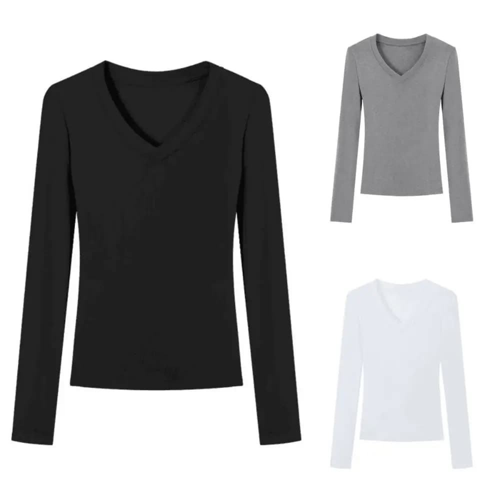 Soft Simple V Neck Slim T Shirt Base Blouse Undershirts Tight Top Women Threaded All-match Long Sleeve T Shirt Spring