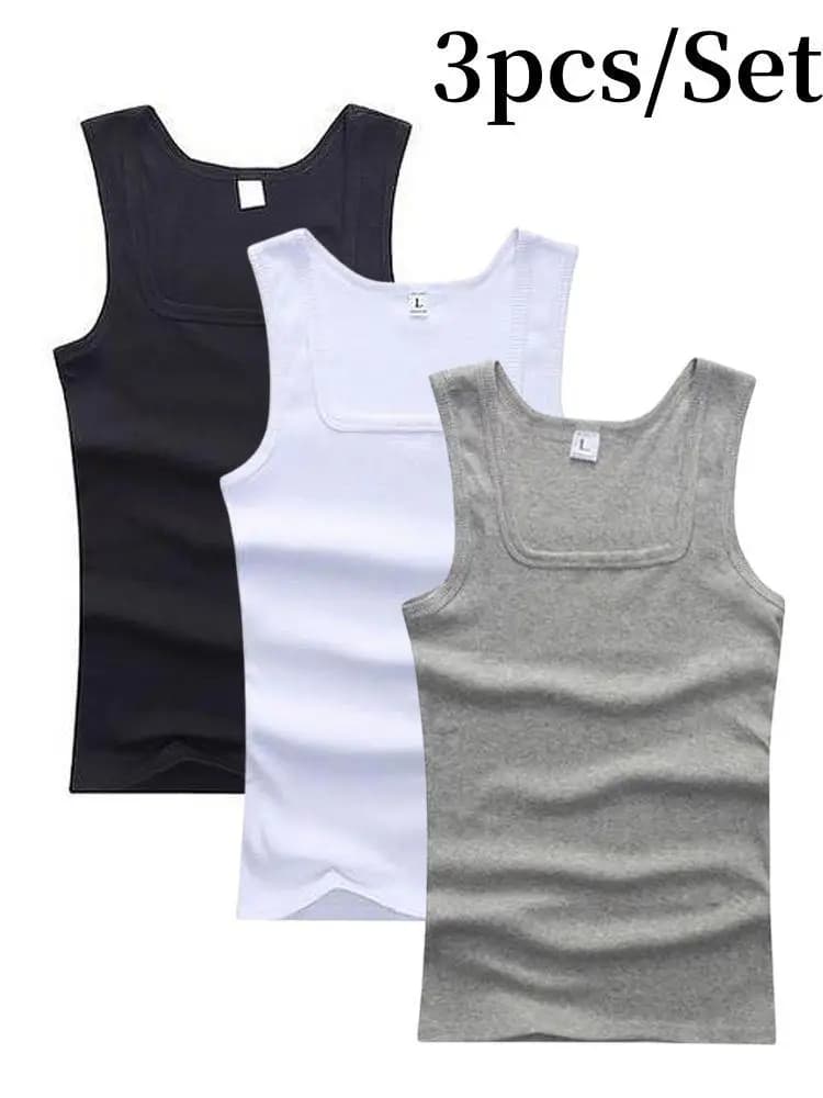 Hot Men's Tank Tops Fitness Vest Basic Elastic Sleeveless T-shirt Cotton Bodybuilding Man Clothing 3pcs/set Gym Clothing Man