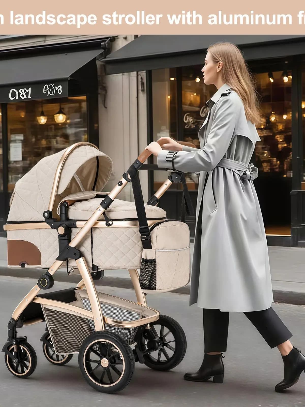 3 in 1 Prams Travel System, Pushchair with Height Adjustable Handle, Travel Pram with Mosquito Net, Baby Stroller with Aluminum