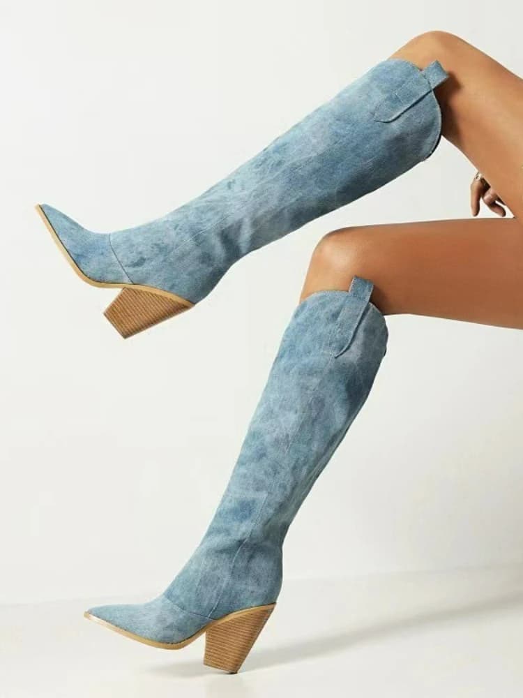 Women's Boots Denim Western Boots Autumn Winter Knee Thigh High Boots High Heel Long Boot Pointed Toe Slip on  Women Cowboy Boot