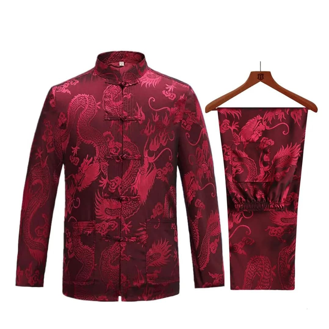 Tang Suit Men Hanfu Chinese Traditional Clothes Kung Fu Shirt Uniform Long Sleeved Coat Tops and Pants Wu Shu Tai Chi Sets