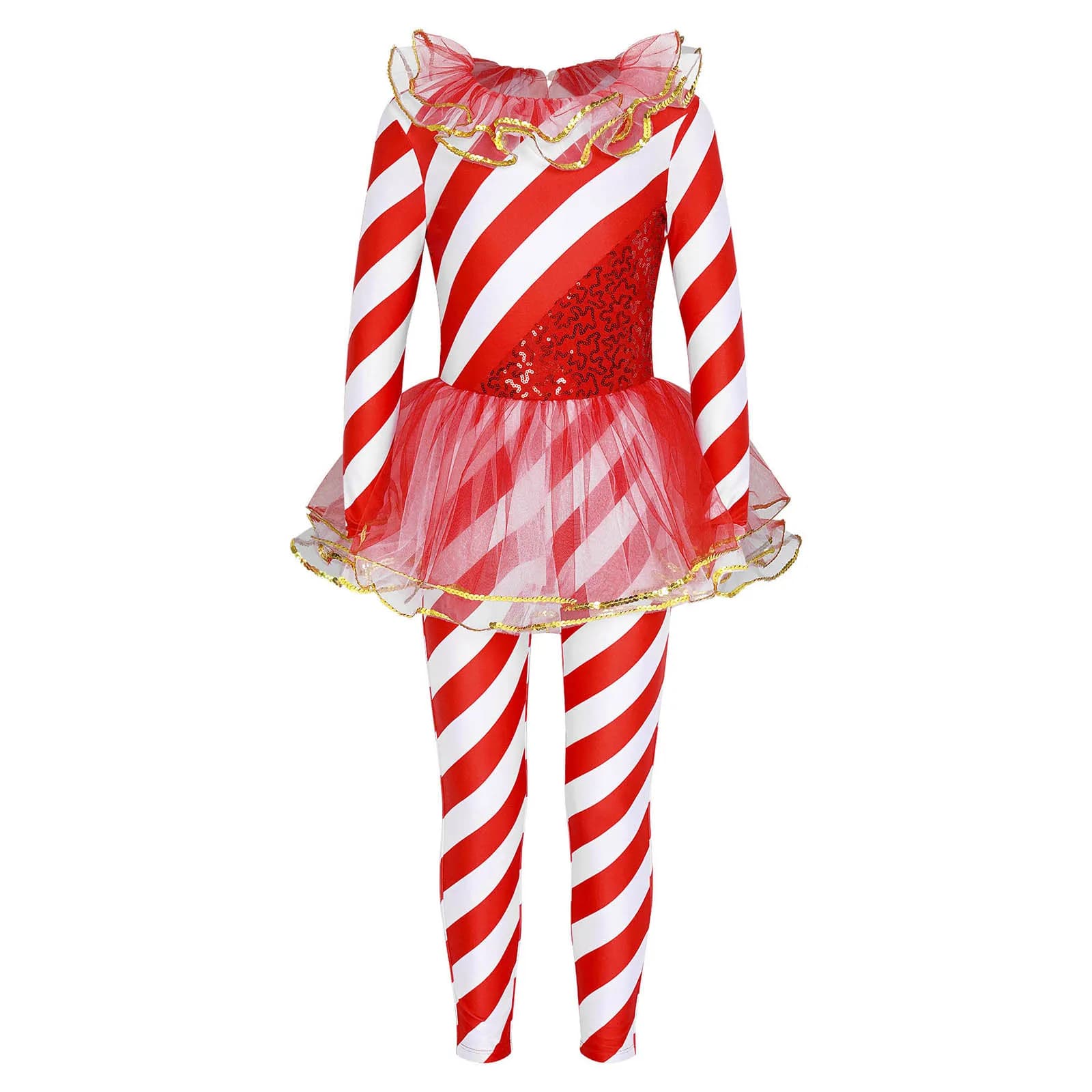 Kids Girls Candy Cane Christmas Costume One Piece Sequins Santa Sweetie Dance Jumpsuit Bodysuit for Christmas Holiday Party