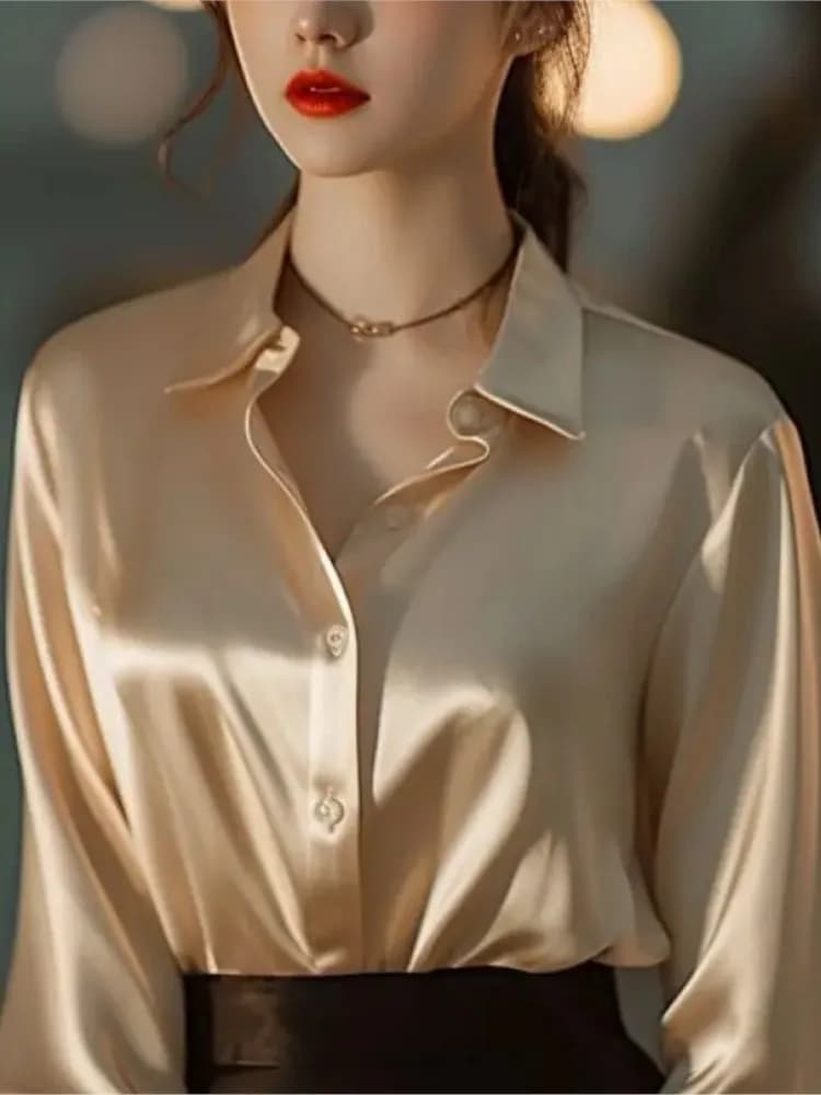 Office Lady Long Sleeve blouse Women Autumn 2025 Overshirt Satin Femal Clothing Elegant Korean Style Luxury Designer Blouse