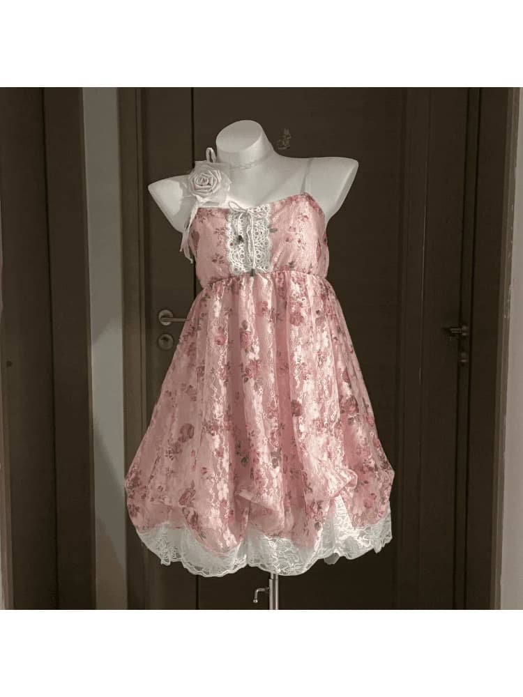 French Vintage Dress Lace Tulle Trim Ruffle Spaghetti Strap Lace Up Front Bubble Hem Mini Dress Sweet Fairy Style Women Wear