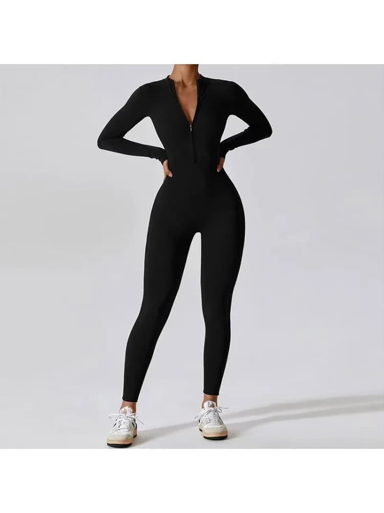 2025 Spring Women's One-piece Yoga Jumpsuit Sporty Long-sleeved Thin Ski Overalls Outerwear Cycling Bodysuit Zipper Ladies